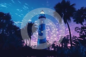 lighthouse on a tropical island at night