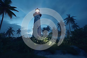 lighthouse on a tropical island at night