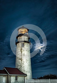 Lighthouse at twilight against dramatic sky