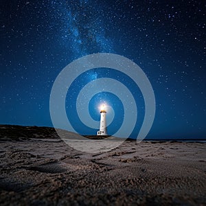 Lighthouse under the night sky with stars.