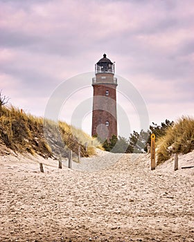 Lighthouse under sky and clouds, Darsser place on the Baltic Sea. Germany