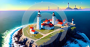 Lighthouse under the sky. Safe Harbor, Alert Warning light Concept Illustration Generative AI