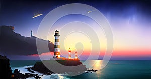 Lighthouse under the sky. Safe Harbor, Alert Warning light Concept Illustration Generative AI