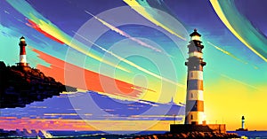 Lighthouse under the sky. Safe Harbor, Alert Warning light Concept Illustration Generative AI