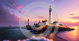 Lighthouse under the sky. Safe Harbor, Alert Warning light Concept Illustration Generative AI