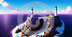 Lighthouse under the sky. Safe Harbor, Alert Warning light Concept Illustration Generative AI