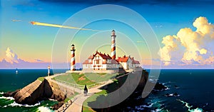 Lighthouse under the sky. Safe Harbor, Alert Warning light Concept Illustration Generative AI