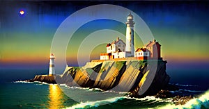 Lighthouse under the sky. Safe Harbor, Alert Warning light Concept Illustration Generative AI