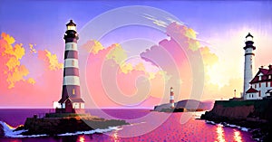 Lighthouse under the sky. Safe Harbor, Alert Warning light Concept Illustration Generative AI