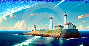 Lighthouse under the sky. Safe Harbor, Alert Warning light Concept Illustration Generative AI