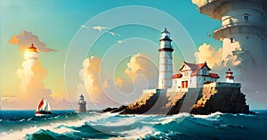 Lighthouse under the sky. Safe Harbor, Alert Warning light Concept Illustration Generative AI