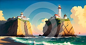 Lighthouse under the sky. Safe Harbor, Alert Warning light Concept Illustration Generative AI