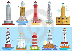 Lighthouse vector beacon lighter beaming path of lighting to ses from seaside coast illustration set of lighthouses