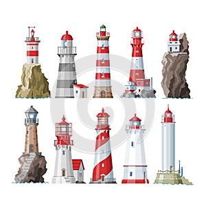 Lighthouse vector beacon lighter beaming path of lighting to ses from seaside coast illustration set of lighthouses