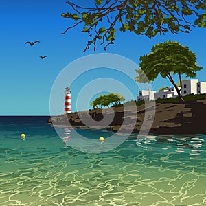 Sea shore, lighthouse, trees, hotels, seagulls