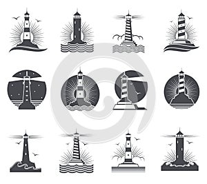 Lighthouse vector marine vintage labels. Lighthouses and ocean waves retro nautical logos set