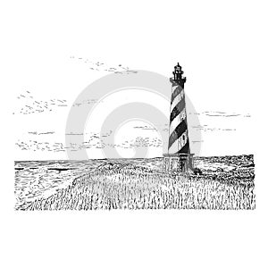 Lighthouse view, hand drawn illustration in vector