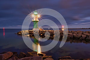 Lighthouse WarnemÃ¼nde at night