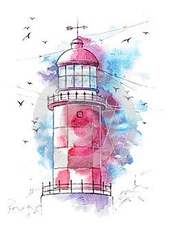lighthouse watercolor painting illustration. Hand drawn watercolourr art. Sketching artwork.