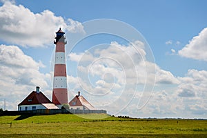 Lighthouse Westerhever in Schleswig Holstein, Germany. View on landscape by national park Wattermeer in Nordfriesland.