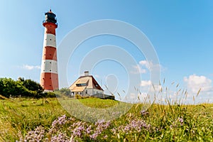 Lighthouse Westerhever in Schleswig Holstein, Germany. View on landscape by national park Wattermeer in Nordfriesland.