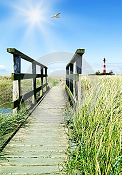 Lighthouse Westerheversand with an small bridge in the salt marsh, Germany