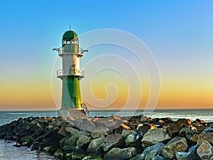 Lighthouse on the western pier in WarnemÃ¼nde in Germany