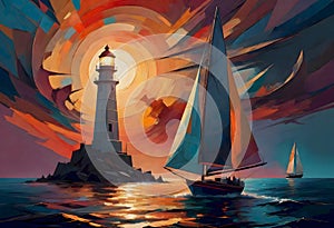 Lighthouse with White-Sailed Sailboat and Dramatic Sky, Generative AI