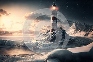 Lighthouse in winter landscape at sunrise