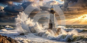 Lighthouse withstanding powerful ocean waves during a dramatic sunset. Generative AI