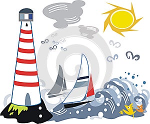 Lighthouse and yacht illustration