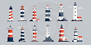 Lighthouses collection. Cartoon nautical navigation light tower, lighthouse beacon and light house symbol, marine seaside