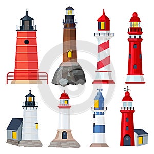 Lighthouses collection. Night sailing building in seaport security searchlights vector illustrations photo