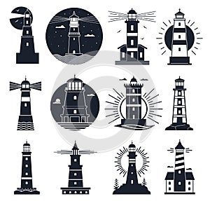 Lighthouses logo. Nautical vintage label, sea beacons, ocean with waves and seagulls. Night lighthouse tower, navigation