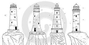 Lighthouses on the rock in retro style. Set black white signal towers vector line sketch isolated illustrations.