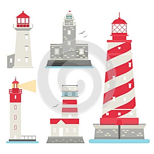 Lighthouses vector flat searchlight towers for maritime navigation guidance ocean beacon light safety security symbol