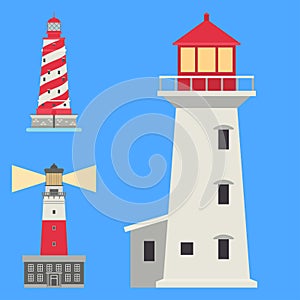 Lighthouses vector flat searchlight towers for maritime navigation guidance ocean beacon light safety security symbol