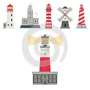 Lighthouses vector flat searchlight towers for maritime navigation guidance ocean beacon light safety security symbol