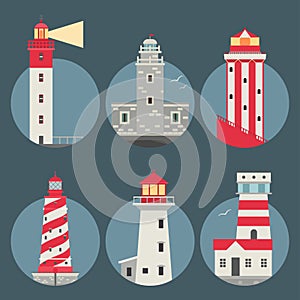 Lighthouses vector flat searchlight towers for maritime navigation guidance ocean beacon light safety security symbol