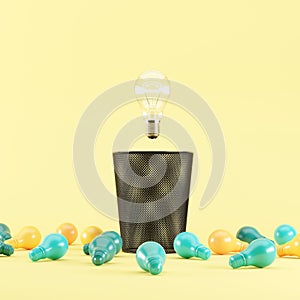 Lighting bulb floating on Bin Trash with colorful illumination bulb placed on a yellow background. 3D render