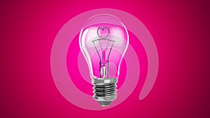 Lighting bulb lamp heart shape on pink background, 3D rendering