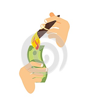 Lighting cigar with dollar isolated. Rich symbol Vector illustration. Sign of wealth