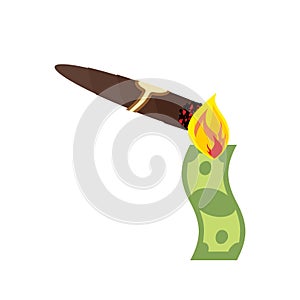 Lighting cigar with dollar isolated. Rich symbol Vector illustration. Sign of wealth