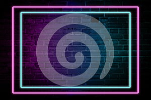 Lighting Effect frame pink and blue neon on brick wall for background party or your text