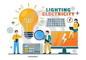 Lighting and Electricity Vector Illustration with Lamp and Energy Maintenance Service Panel Cabinet of Technician Electrical Work