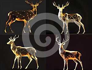 A lighting gold low polygon model of a deer standing in 4 poses on the black background.