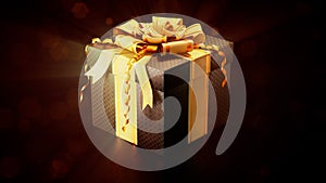 Lighting goldish - black decorated gift box on black - abstract 3D illustration