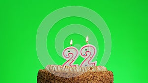 Lighting a number twenty two birthday candle on a delicious cake, green screen 22