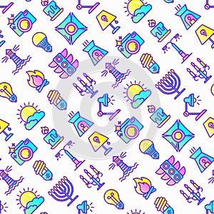 Lighting seamless pattern with thin line icons: bulb, LED, CFL, candle, table lamp, sunlight, spotlight, flash, candelabrum,