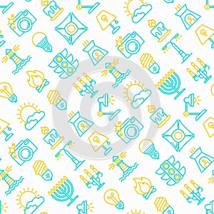 Lighting seamless pattern with thin line icons: bulb, LED, CFL, candle, table lamp, sunlight, spotlight, flash, candelabrum,